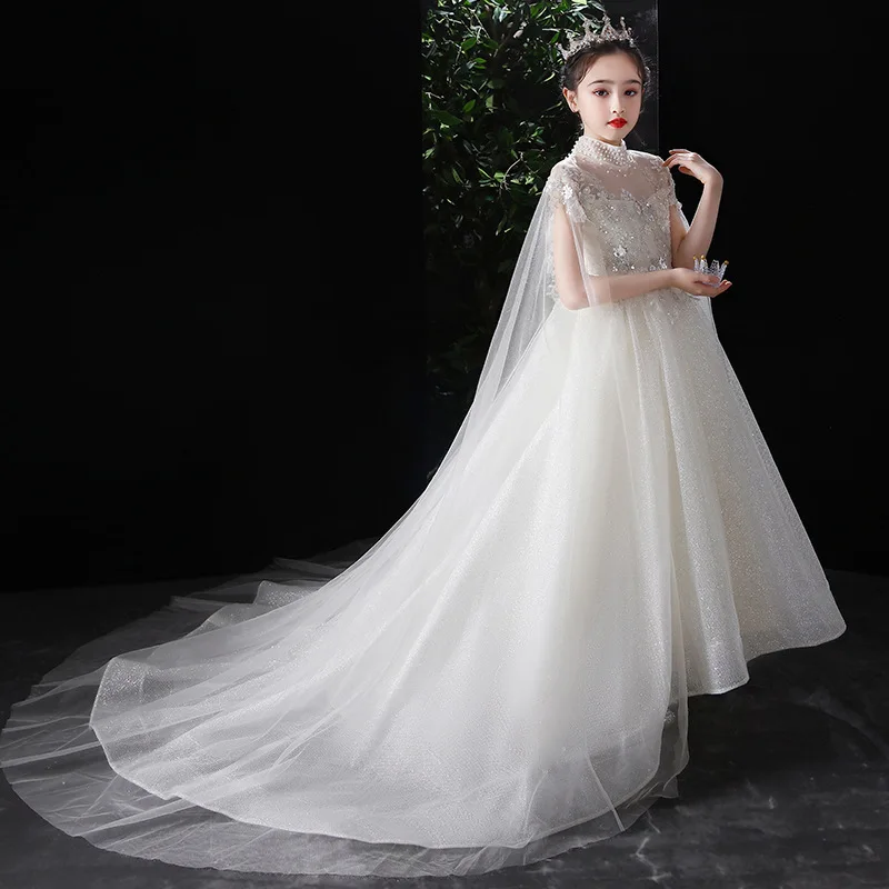 Girls Trailing Dress Flower Girl Wedding Model Catwalk Children's Piano Performance Costume Birthday Party Host Evening Dress