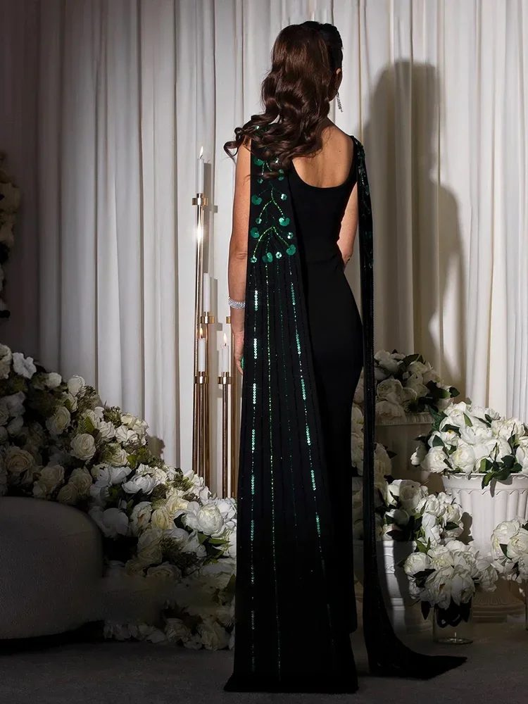 Black Crystals Prom Dress with Sleeve Cape Beading Sequin Straight Evening Dress Ankle Length Cocktail Party Dress Sweep Train