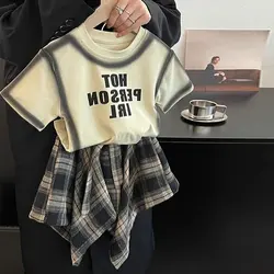 Summer Children's Clothing Girl Set Fashionable Letter Stroke Edge Short Sleeved T-Shirt+Street Style Irregular Plaid Half Skirt