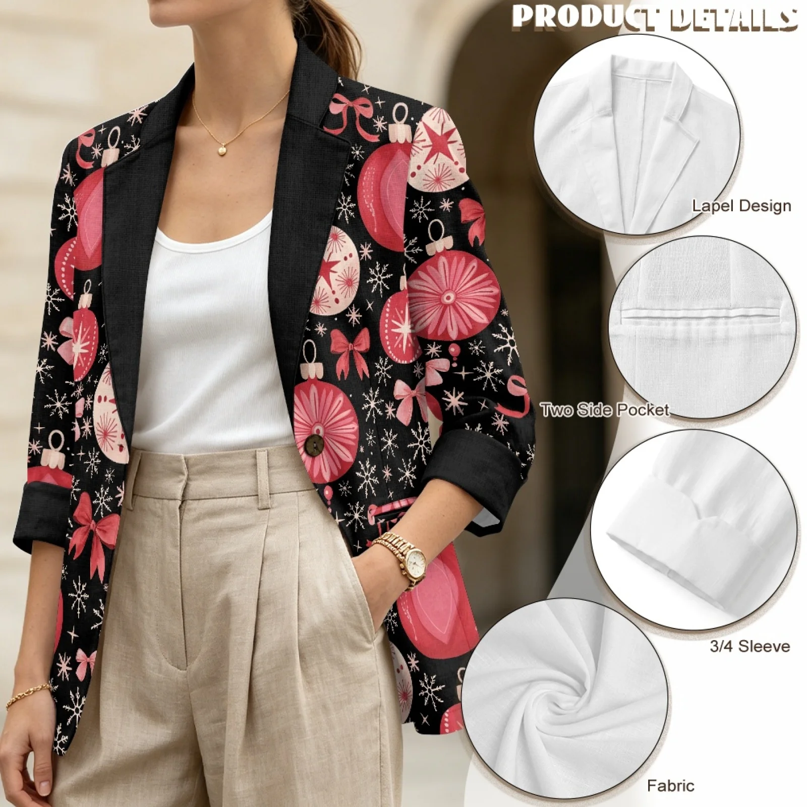 PENSTROLL Christmas Bauble Print Linen Style Open Front Tops Versatile Outerwear for Women Casual Beach Coverups view 5