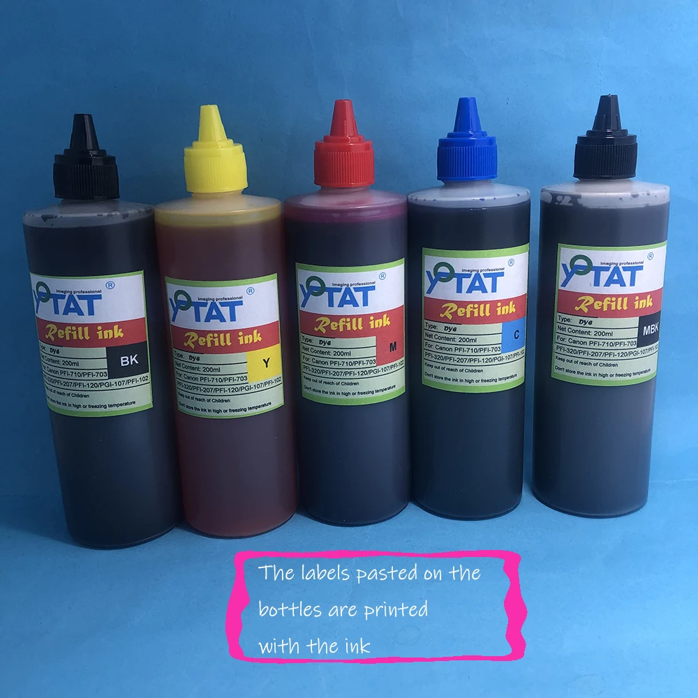 5×200ML Dye Ink Refill Ink For Canon PFI-107 PFI-120 PFI-320 PFI-102 PFI-207 TM-200 TM200 TM-205 TM-300 TM-305 TM300 iPF670