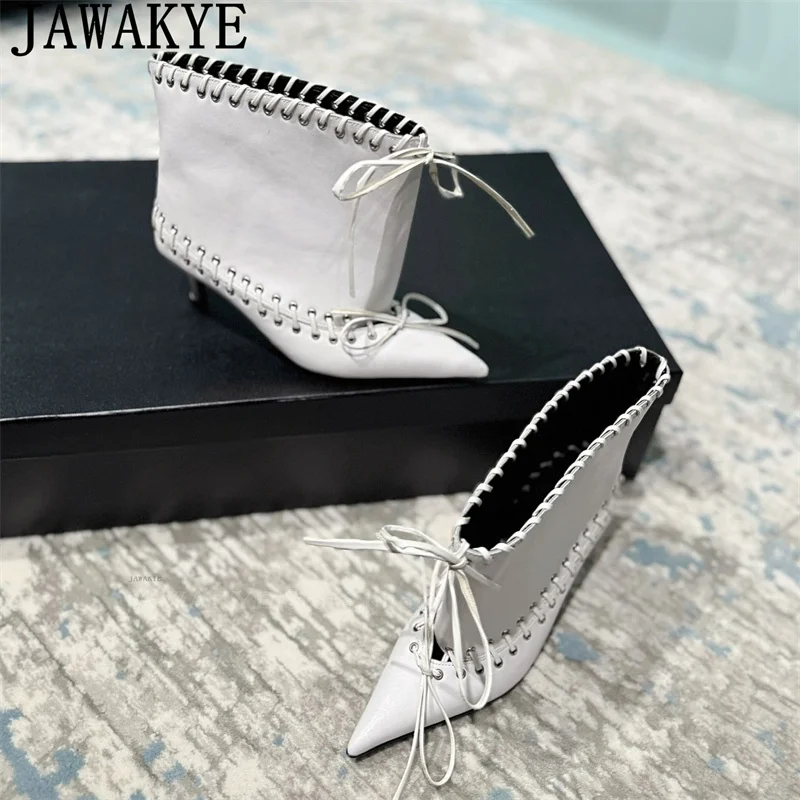 Nero bianco vera pelle punta a punta stivali alti al ginocchio donna gattino tacchi Chelsea stivali corti autunno pista moda settimana stivali