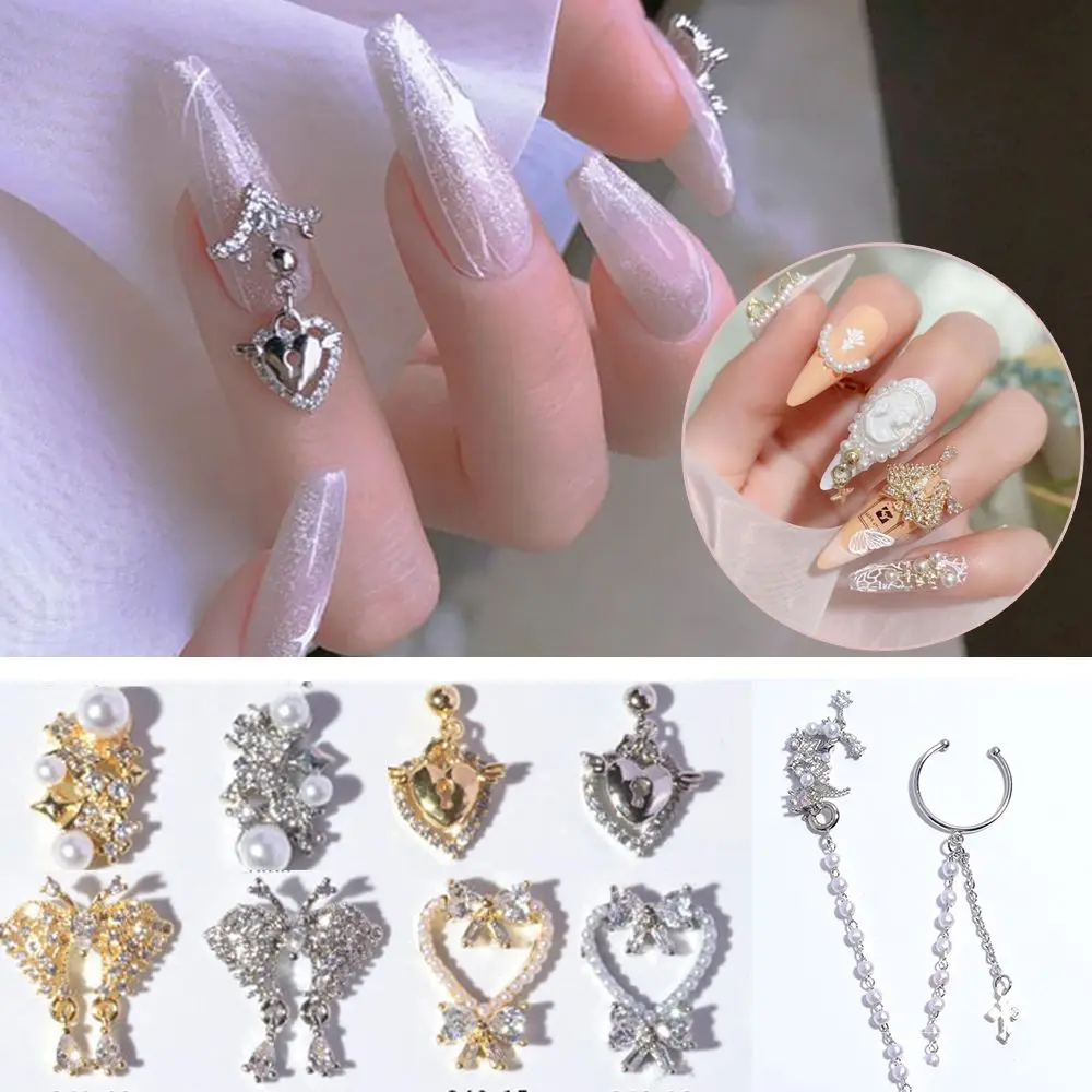 3D Shiny Butterfly Bow Heart Crystal Heart Nail Zircon Jewelry Bow Nail Rhinestones Nail Art Decorations Alloy Pendant Chain