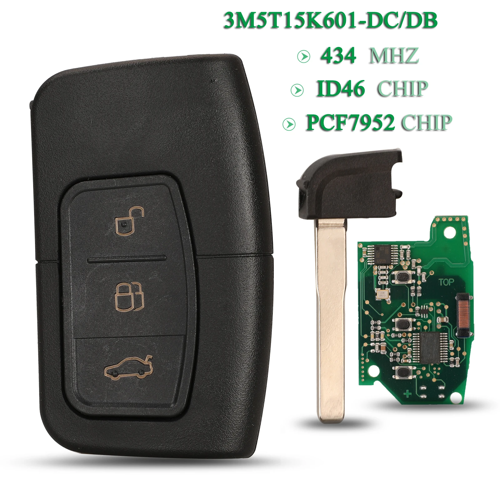 jingyuqin  3M5T15K601-DC/DB 434Mhz Keyless Go Remote Car Key For Ford C-Max Focus MK2 Kuga Mondeo Galaxy 3 Button HU101 Blade