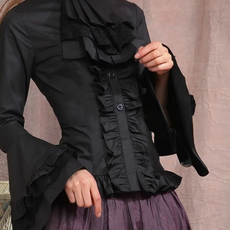 Japonês rendas retalhos lolita manga alargamento camisa outono y2k estética único breasted blusa feminina jk fino ajuste babados blusas