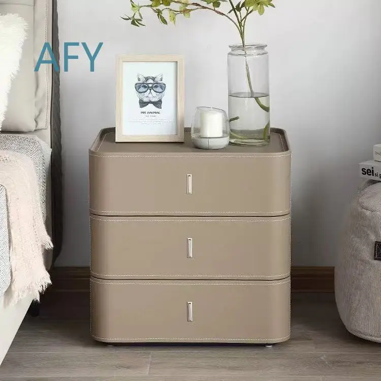 Italian Minimalist Solid Wood Bedside Table for Luxury Home Decor Saddle Leather Side Cabinet High End Designer Nightstand