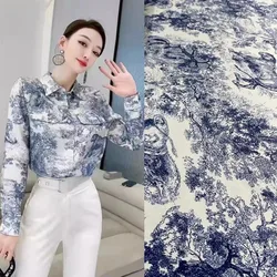 European And American Fashion Blue Jungle Animals Printed Twill Natural Silk Fabric For Women Dress Blouse Handmade DIY Cloth