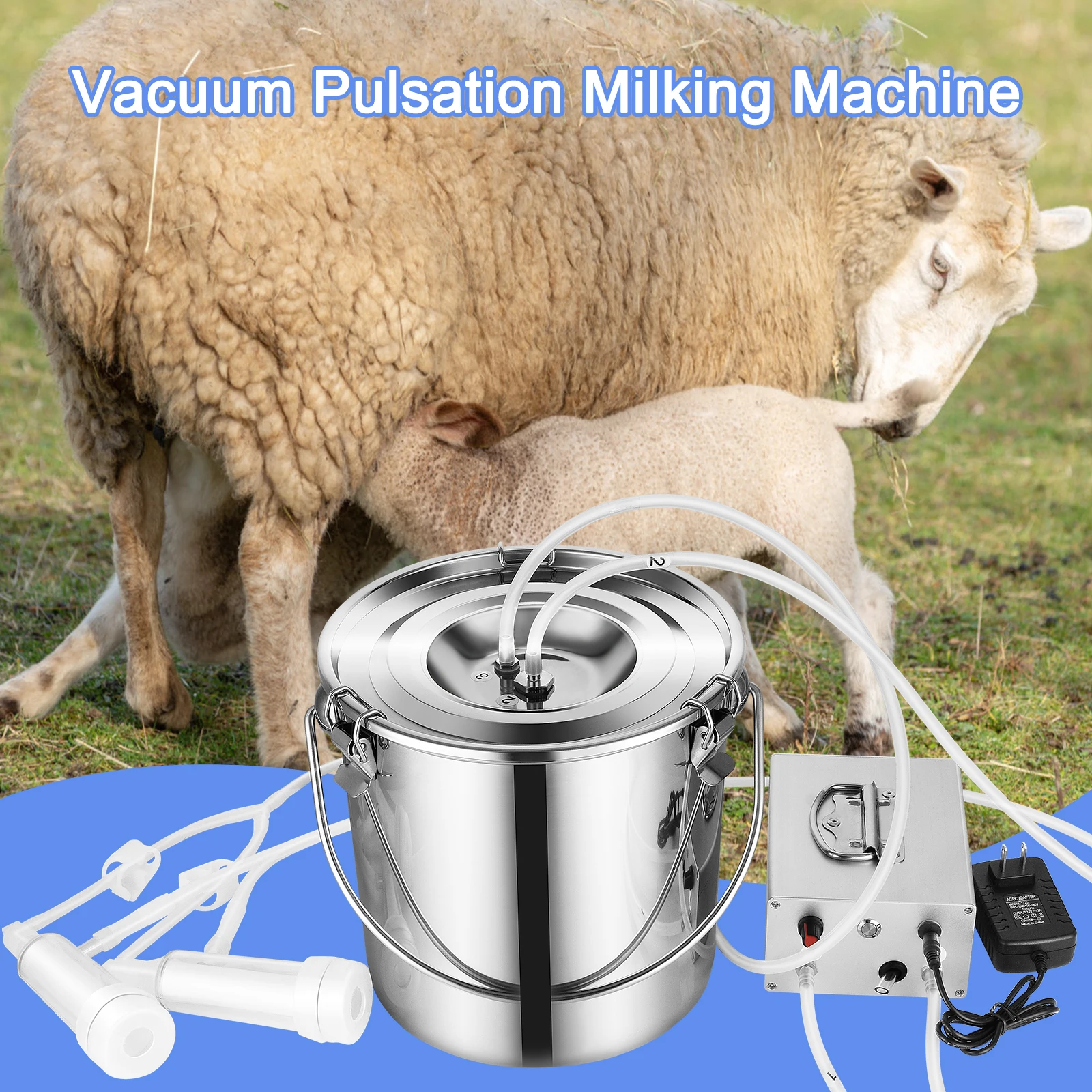 9L Goats Cow Milking Machine Portable Electric Cow Milker Adjustable Vacuum Pump Stainless Steel Bucket Milking Supplies 110V