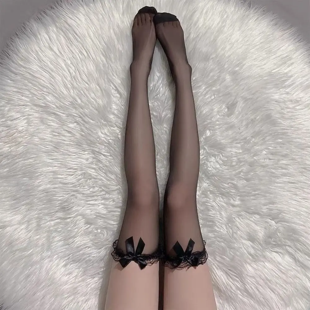 Legging en maille de dentelle noir blanc, chaussettes longues au dessus du genou, Sexy, pour femmes et filles douces, Lolita, nœud papillon, cuisses hautes, bas en résille