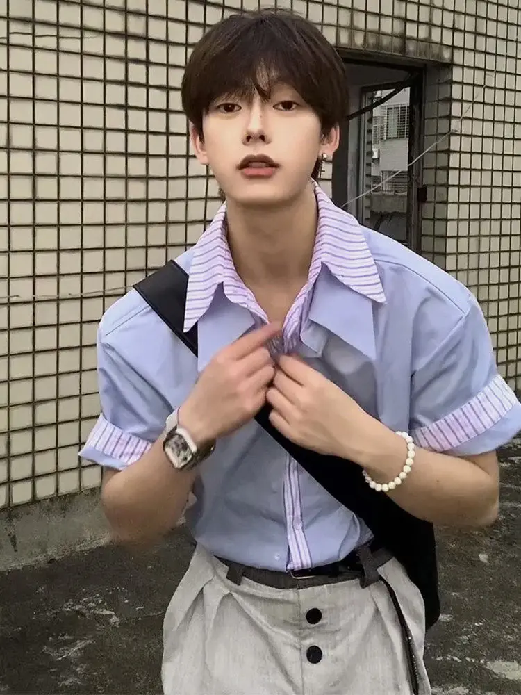

Blue Striped Short Sleeve Shirt Men's Style Half Sleeve Patchwork Cleanfit Shirt Jacket Casual Loose Fit Summer Youth Fashion