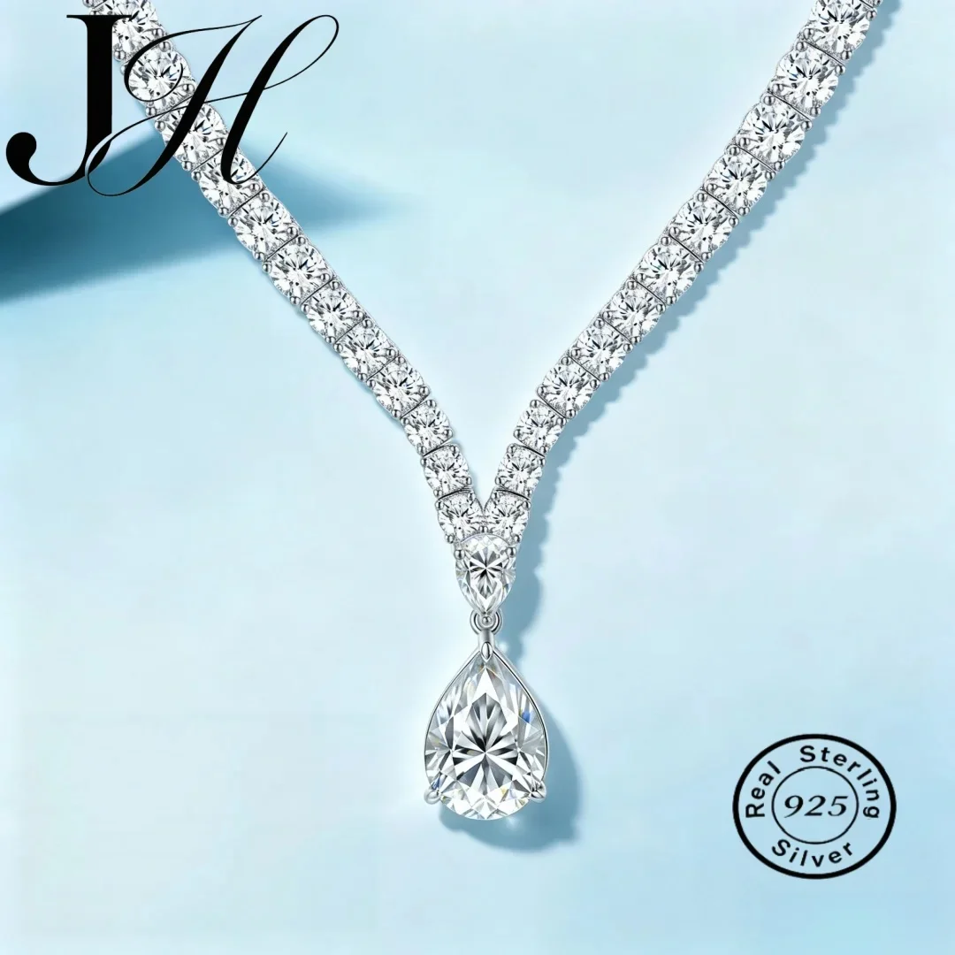 JH Real Pear Shape Moissanite Drop Tennis Necklace For Women Top Quality 925 Sterling Silver Wedding Bridal Party Fine Jewelry