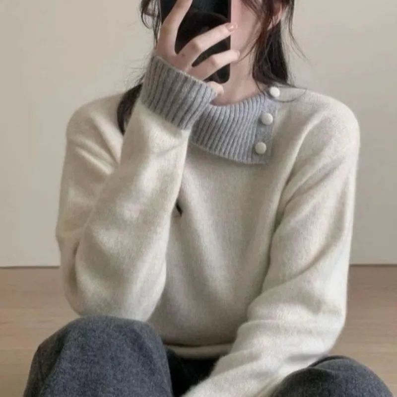 

Color-blocked Lapel Knitted Sweater for Women's New Spring and Autumn Base Shirt, Small Fragrance Style Design Top