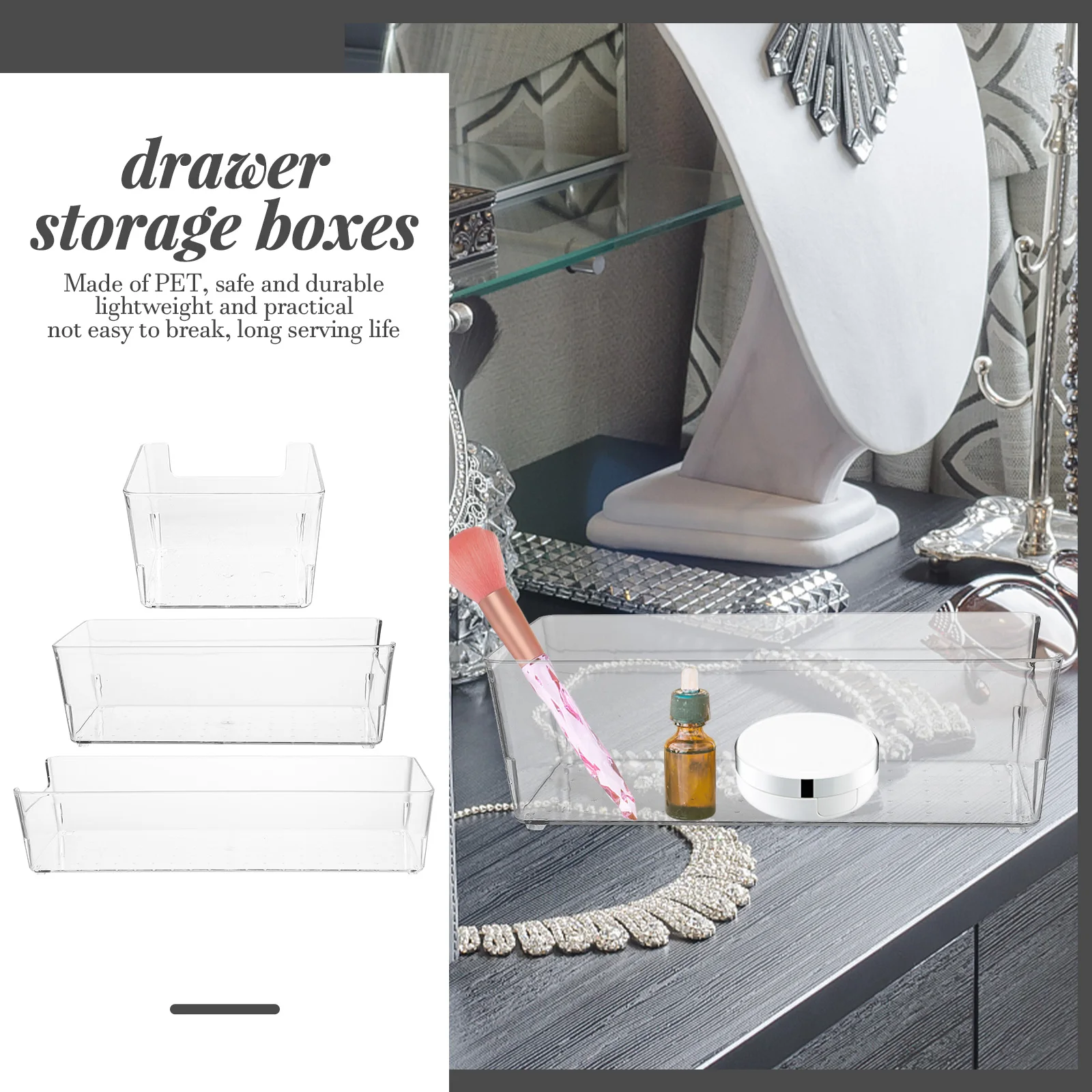 

3 Pcs Storage Box Set Desk Drawer Organizer Tray for Drawers Dressing Table Small Organizers The Pet Bins Office