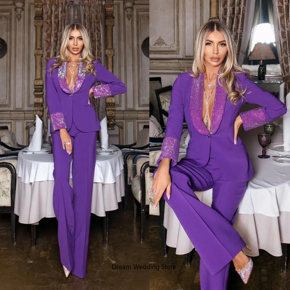 Ensemble de costumes de bureau pour femmes, avec Blazer et pantalon violets, à paillettes et cristaux, taille personnalisée, à un bouton, robe de bal de styliste