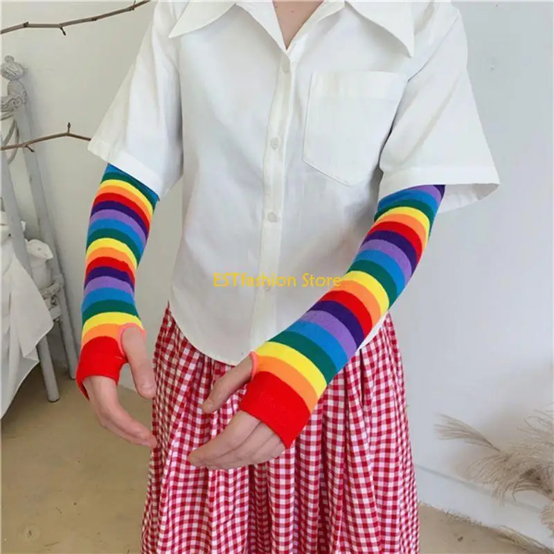 Y5gc Frauen Harajuku Ellbogenlänge Fingerlose Armhülle wärmer Regenbogenfarbe gestreiftes Strick Sonnenschutz Halloween