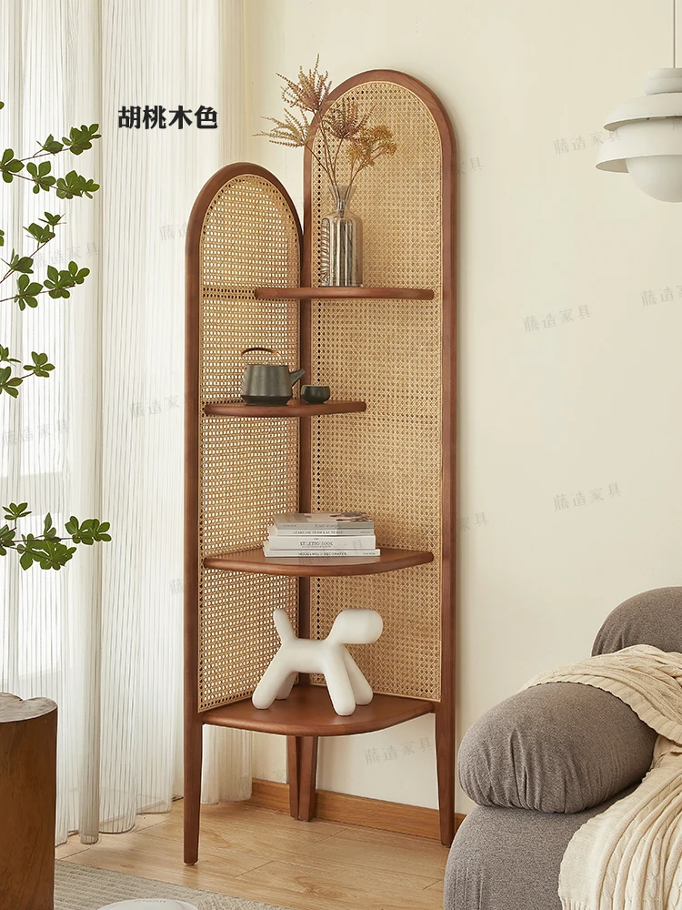 Solid wood rattan weaving shelves, corner bookshelf walls, corner terraces, living rooms, bedrooms, triangle storage