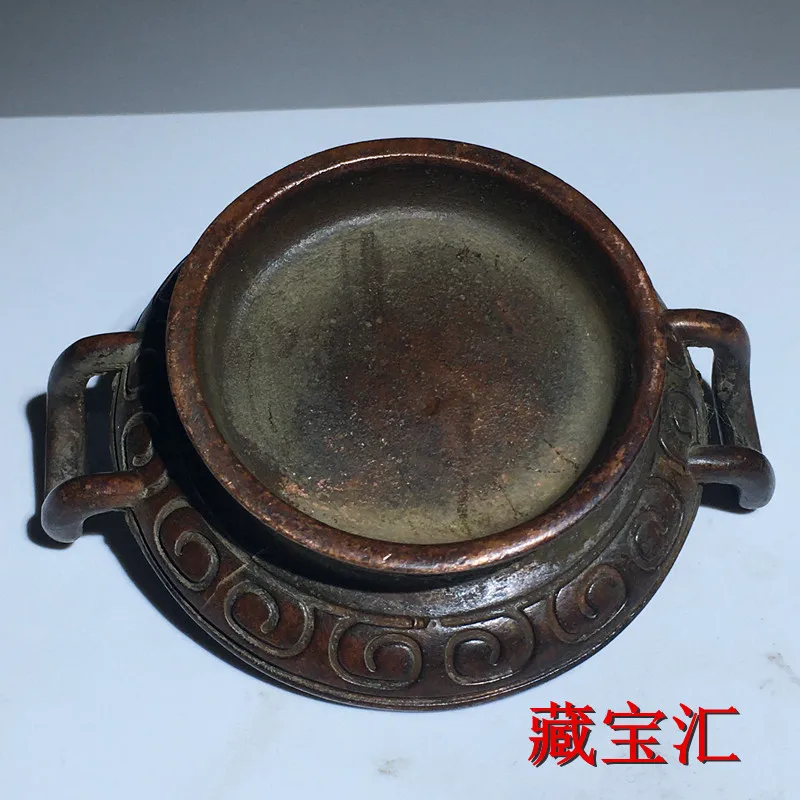 Vintage Pure Copper Casted San Family Plate Ink Pad With Inscription Round Grinding Plate Brass Four Treasures Of Study Ornament