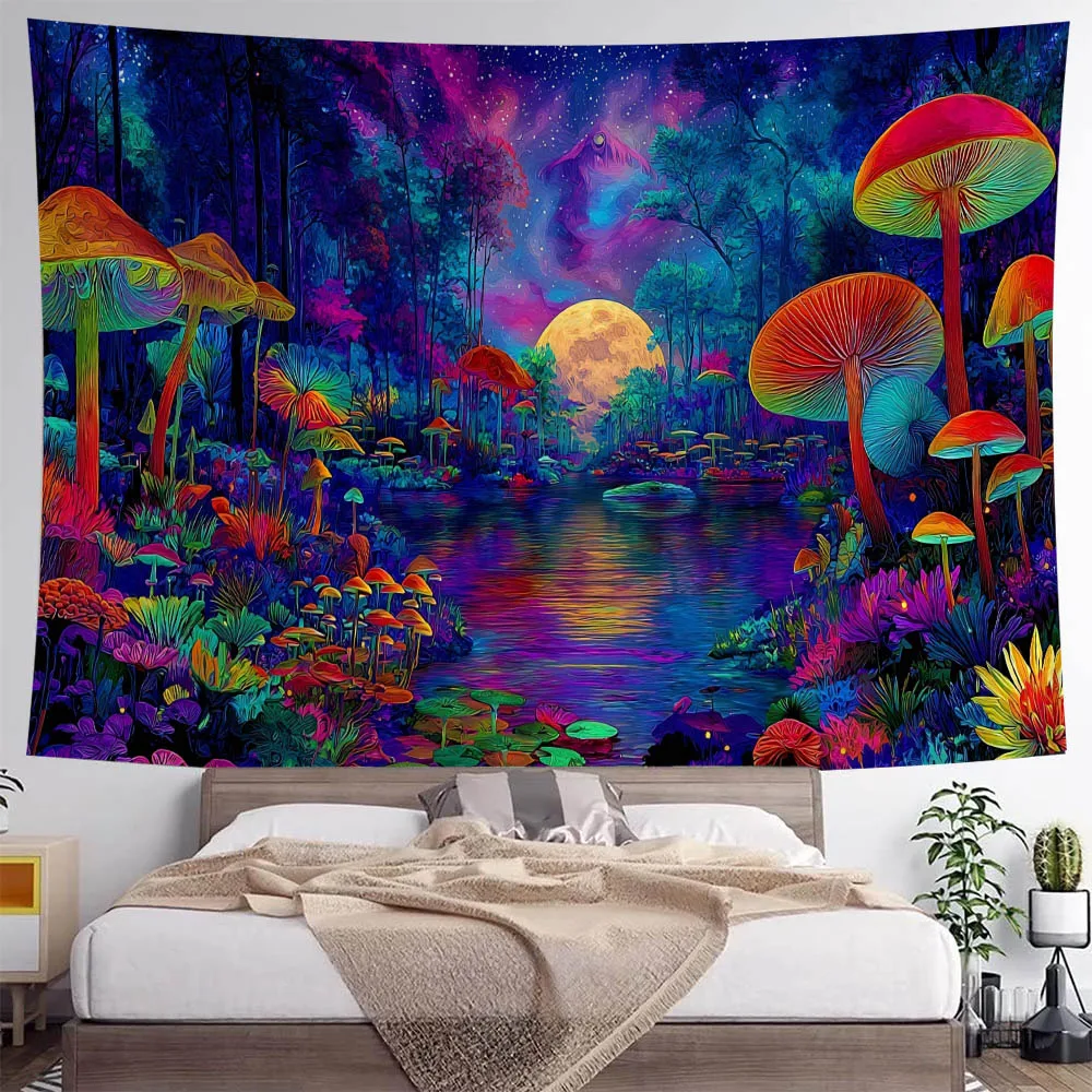 Psychedelic Scene Wall Tapestry Mushroom Forest Butterfly Design Aesthetic Background Dormitory Home Decor Wall Hanging Poster