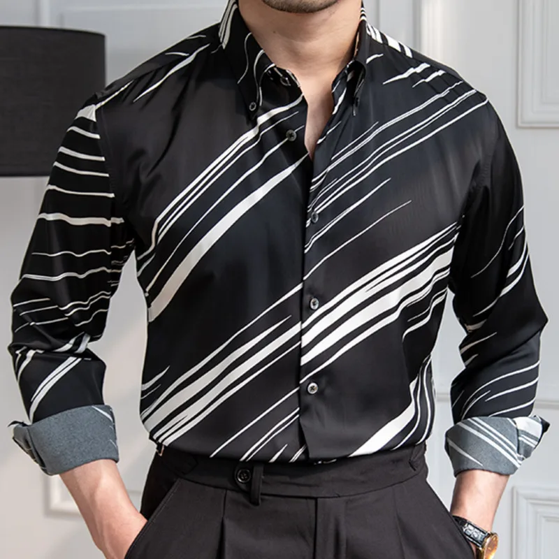 Spring British Style Top Quality Streetwear Mens Black White Contrast Stripes Shirt Men Slim Dress Shirt Social Camisa Masculina