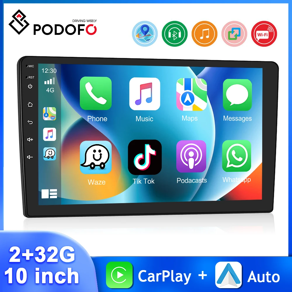 Podofo 10'' 2+32G Car Stereo 2Din Multimedia Player Carplay Android Auto Bluetooth WIFI GPS Navigation Mirror Link EQ Car Audio