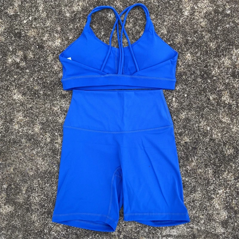 Solid Color Soft Women Gym Yoga Short Cycling Set Cross Back Gym  Bra+High Waist Short Leggings High impact shockproof Sportwear image 4