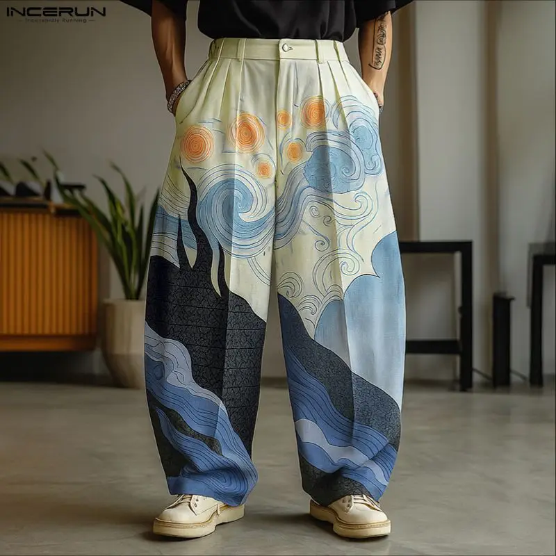 

INCERUN Men Pants Printing Button Loose Joggers Casual Wide Leg Trousers Men Streetwear Oversize Fashion Male Long Pants 2025