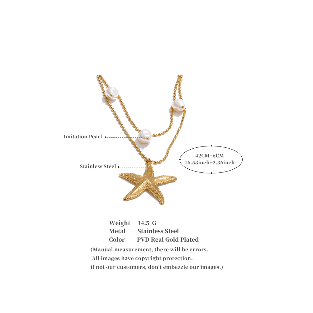Yhpup Stainless Steel Double Layer Ocean Summer Holiday Necklace Jewelry Waterproof Handmade for Women Gold Platinum PVD Plated