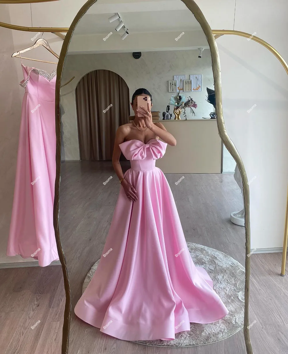 Booma A-Line Pink Evening Dresses Strapless Sleeveless Satin Wedding Party Gowns with Big Bow Formal Occasion Gowns for Women