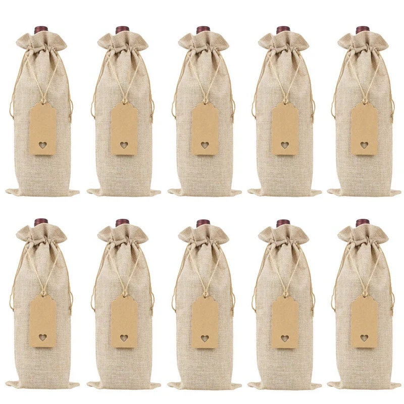 Burlap Wine Bags Wine Gift Bags With Drawstrings, Single Reusable Wine Bottle Covers With Ropes And Tags (10 Pcs)