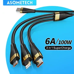 3 In1 Fast Charging Cable USB Type C Micro Portable 6A 100W Multiple Usb Charging Cord for IPhone14 13 Pro Samsung Xiaomi Huawei