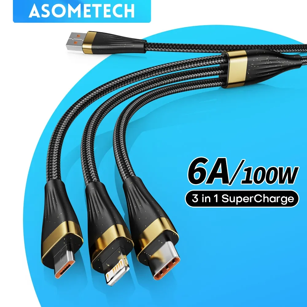Kabel do szybkiego ładowania 3 w 1 USB typu C Micro Portable 6A 100W Wielokrotny przewód ładujący USB do iPhone'a 14 13 Pro Samsung Xiaomi Huawei