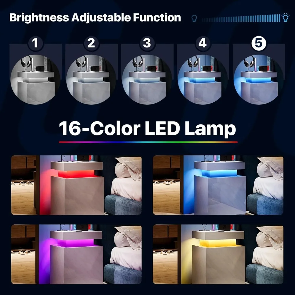 مجموعة منضدة نوم مضيئة بإضاءة LED مكونة من قطعتين مع خزائن تخزين وطاولات بجانب السرير حديثة لإضاءة الليل والتخزين المحسن لذلك #5