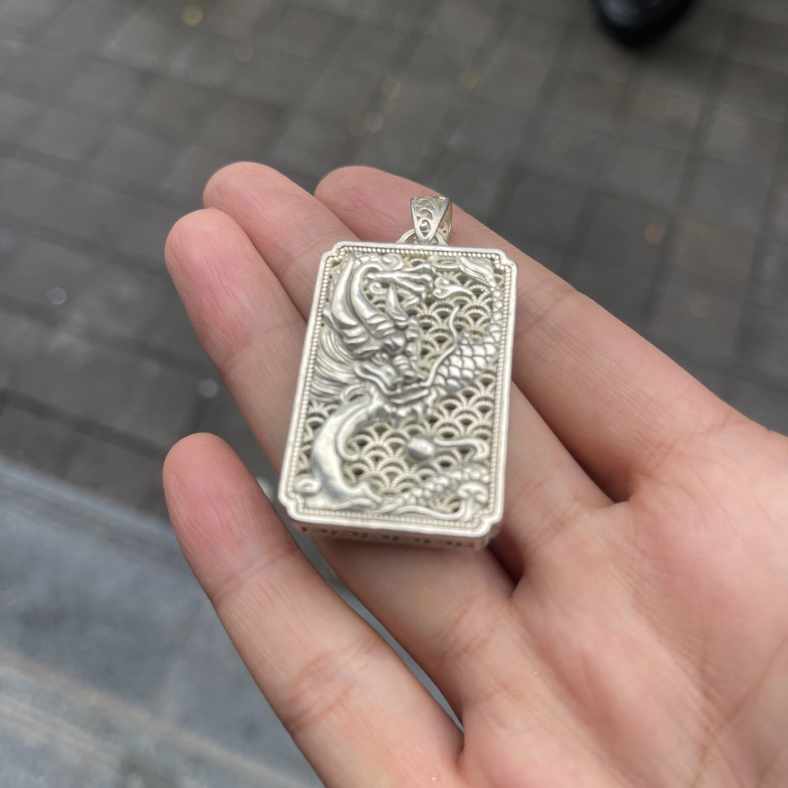 Vintage Hollow Dragon Rectangle Pendant, Silver Plated Metal Charm, DIY Necklace Jewelry Making Accessories