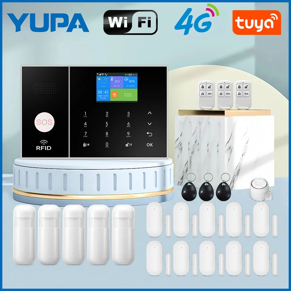 YUPA 4G Home Security Alarm System WIFI Wireless Alarm Kit Tuya Smart Life App Supports Wired Detector Door PIR Infrared Detecto