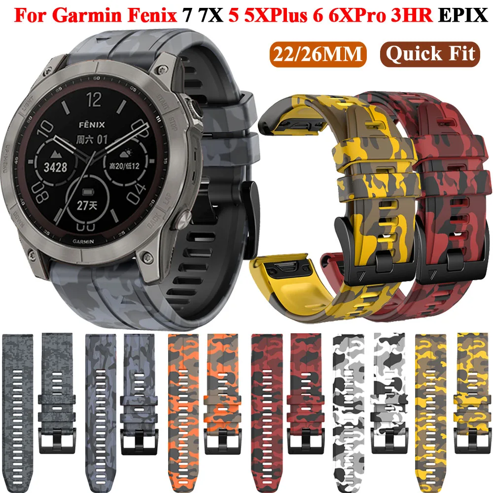 22 26mm Quickfit Camouflage Silicone Watchband Strap For Garmin Fenix 7 7X 5 5XPlus 6X 6Pro Epix 935 Enduro2 Smartwatch Bracelet
