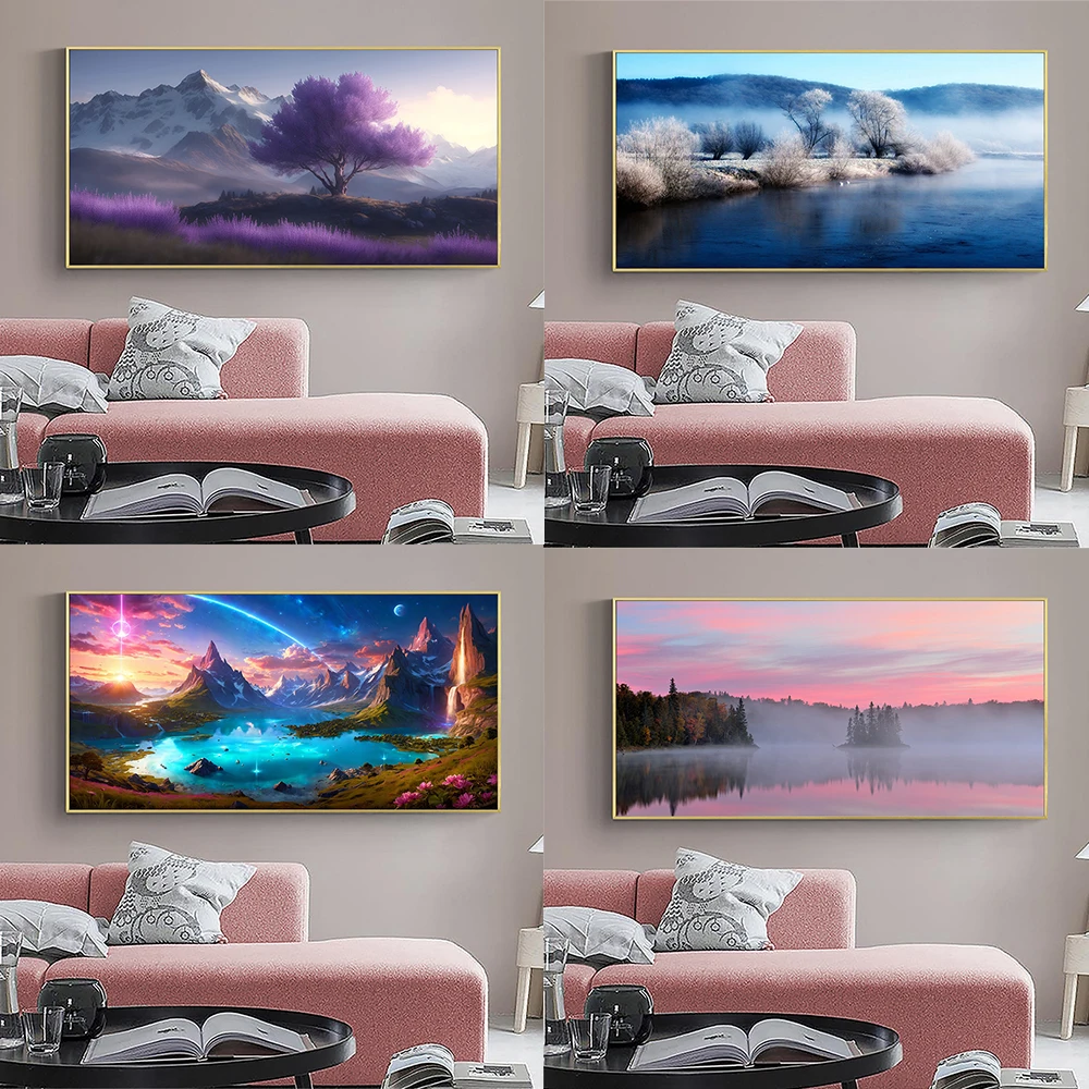 Pink Cloud Modern Mountain Landscape Poster Purple Tree Print Nature Village Stars Over Mountain Clouds Lake Art Canvas Painting