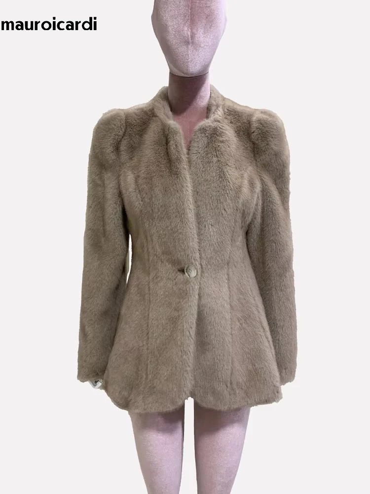 Mauroicardi Winter Elegant Luxury Short Fitted Thick Warm Soft Skirted Faux Mink Fur Coat Jacket Women with Long Puff Sleeve