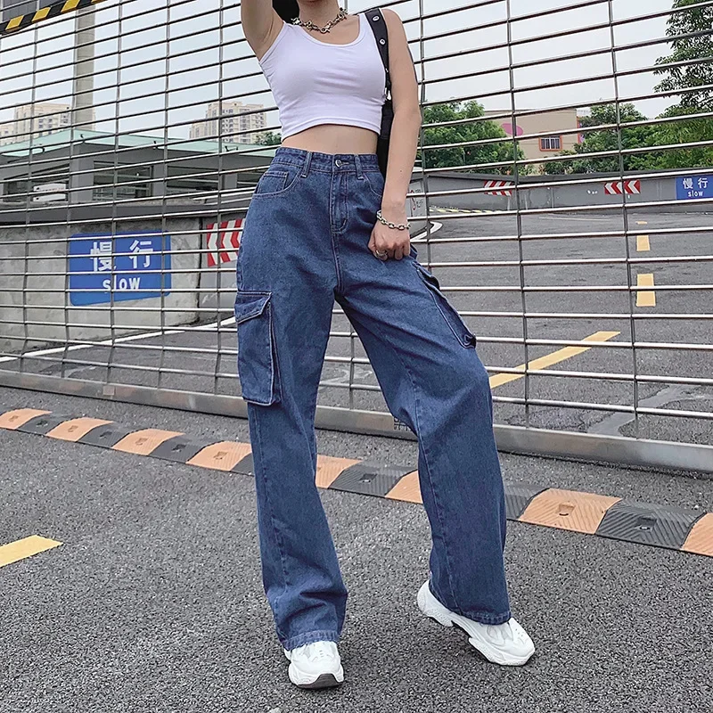 

Retro Big Pocket Loose Straight Jeans Women Blue High Waist Casual Pants Spring Autumn Fashion Street Denim Pants Long Trousers