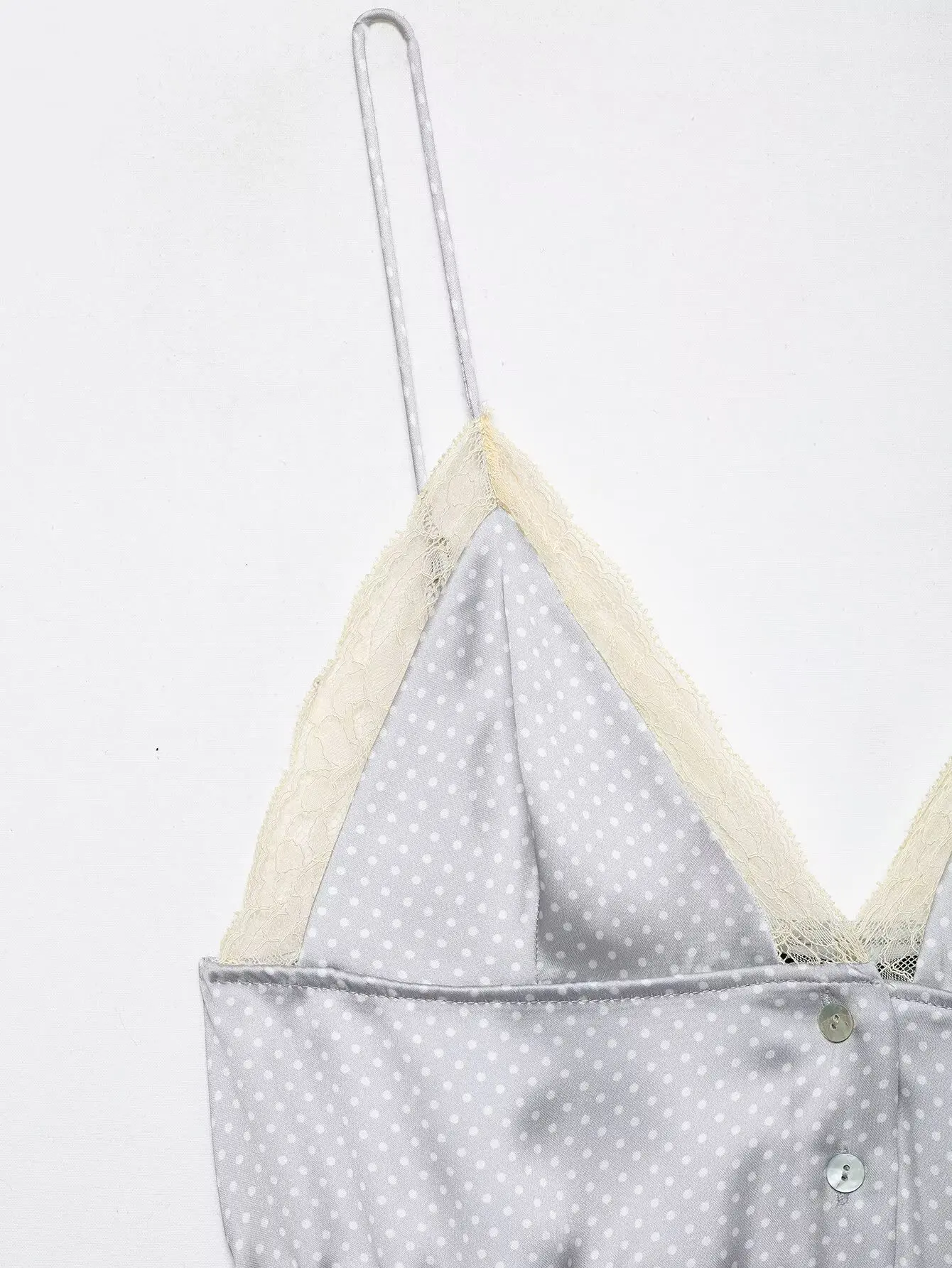 HH Polka Dot Satin Cami Top für Damen 2026 Sommer Spitzenbesatz Spaghettiträger Peplum Top Elegant Alltag Urlaub Strand Loungewear – Detail 4