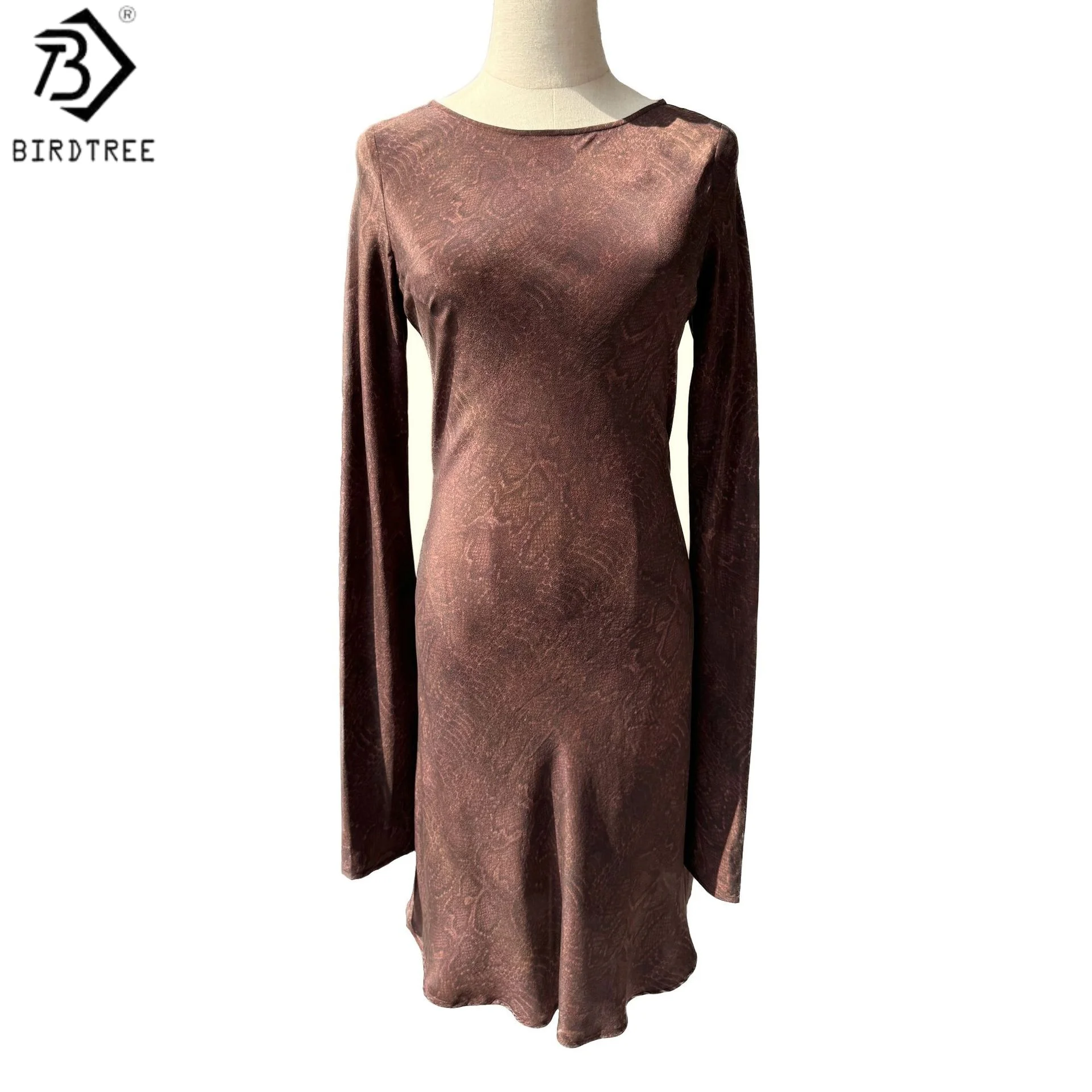 فستان BirdTree 18 مللي متر 100% من حرير التوت بقطع متحيز، فستان نسائي مغسول بالرمل مزدوج كريب بيثون بأكمام مضيئة، 2025 جديد D57021JF #1