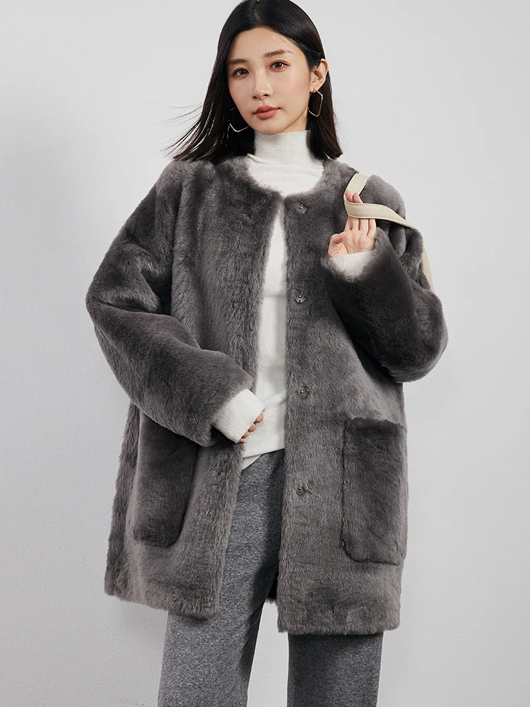 

High-end Luxury Merino Sheep Fur Lambswool Jackets for Women Simple O-neck Loose Mid-length Winter Genuine Leather Real Fur Coat