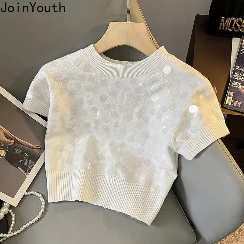 2023 Ropa Mujer Fashion Woman Tshirts O-neck Short Sleeve Crop Tops Y2k Clothes Heavy Sequin Knitted T Shirt Shirts for Women