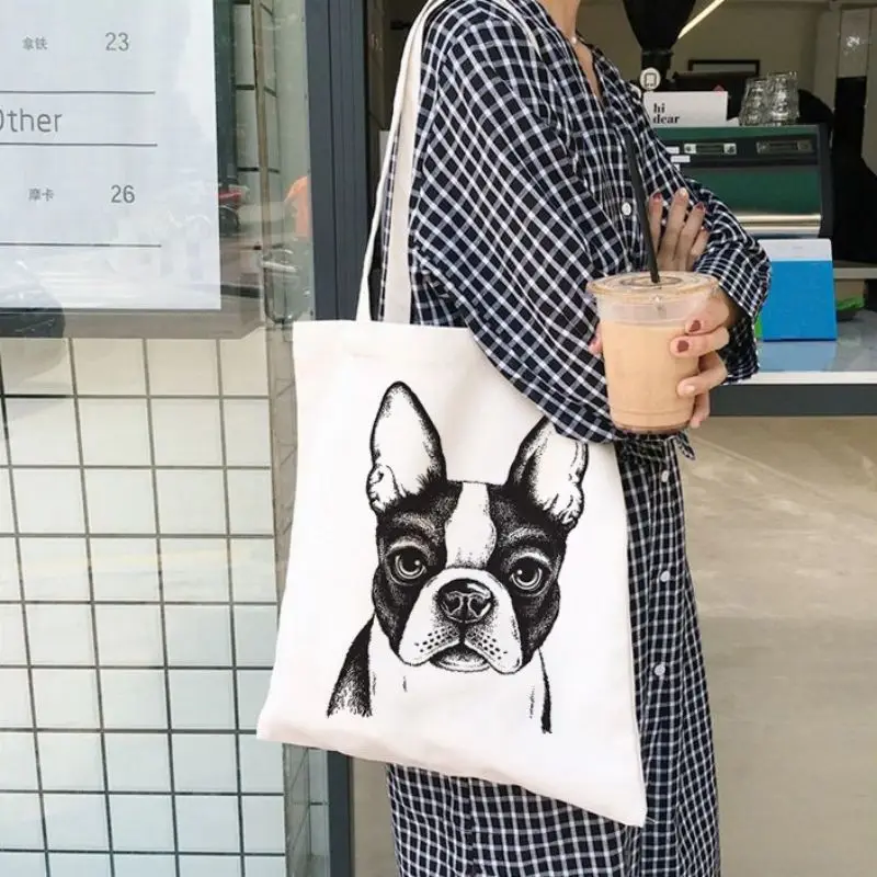 French Bulldog Print Shoulder Bags Women Large Capacity Graphic Shopping Bag No Zipper Girls Canvas Casual Harajuku Tote Handbag