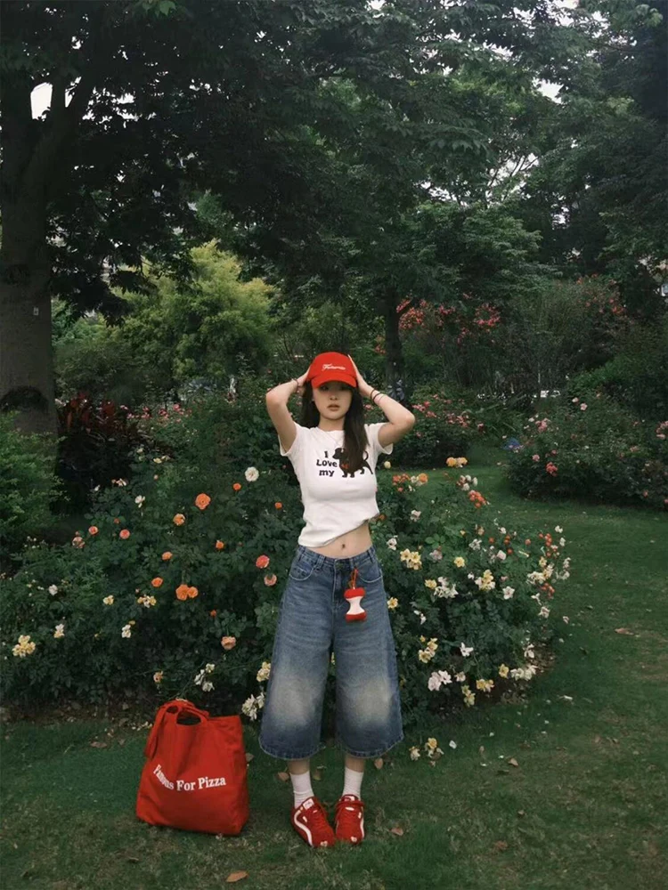 Retro American Love Dog Print Ort Sve T-Shirt Damen Sommer Slim Fit Vielseitiges Top rund Ne Baumwolle Polyester Mischung