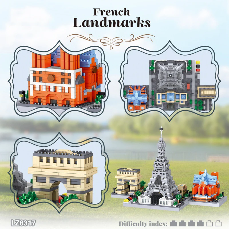 France Skyline Architecture Micro Diamond Block Paris Landmark Eiffel Tower Triumphal Arch Louvre Museum Brick Toy Nanobricks