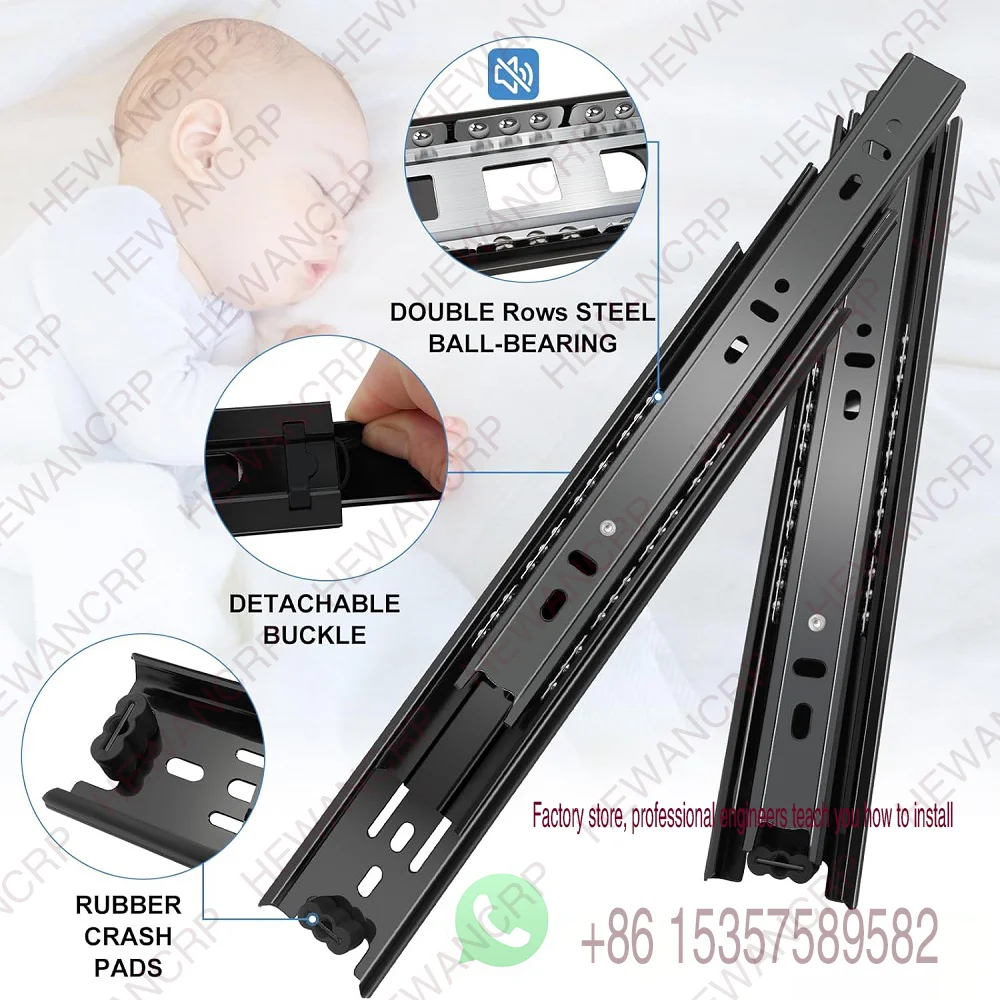 شرائح درج خزانة سوداء مكونة من 3 أقسام سميكة وناعمة وهادئة ومحمل كروي للتخميد وإغلاق ناعم وملحقات الأجهزة #4