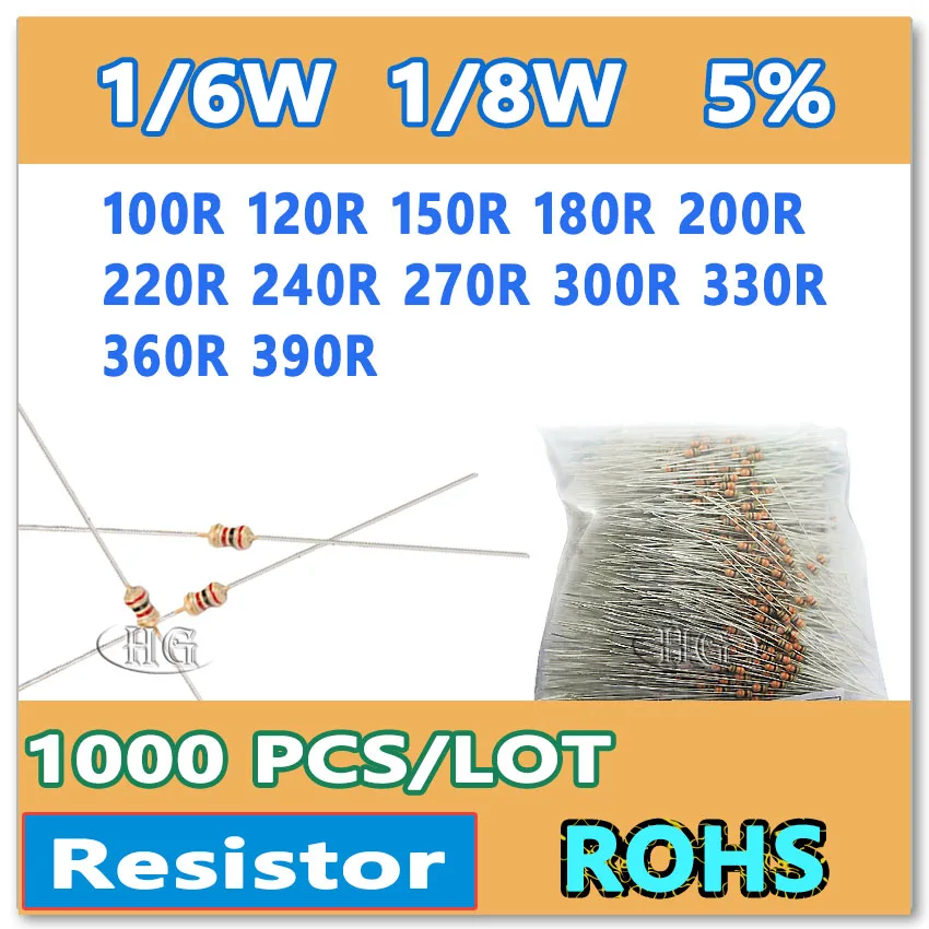 JASNPROSMA 1000 шт./лот 5% 1/6 Вт 1/8 Вт 100R 120R 150R 180R 200R 220R 240R 270R 300R 330R 360R 390R резистор из углеродной пленки DIP OHM