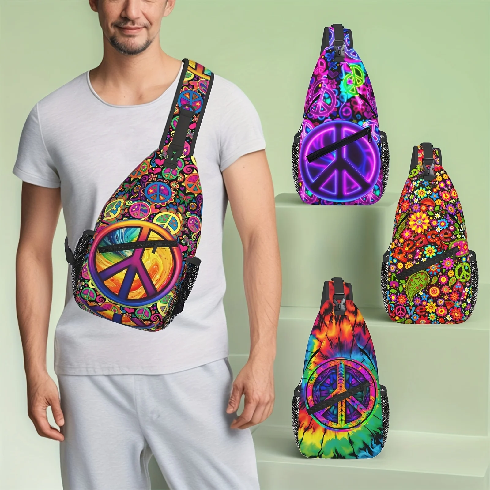 

Peace Symbol Flag Pattern 1pc Chest Bag - Durable Polyester, Machine Washable, Zip Closure Crossbody Sling Backpack Men Women