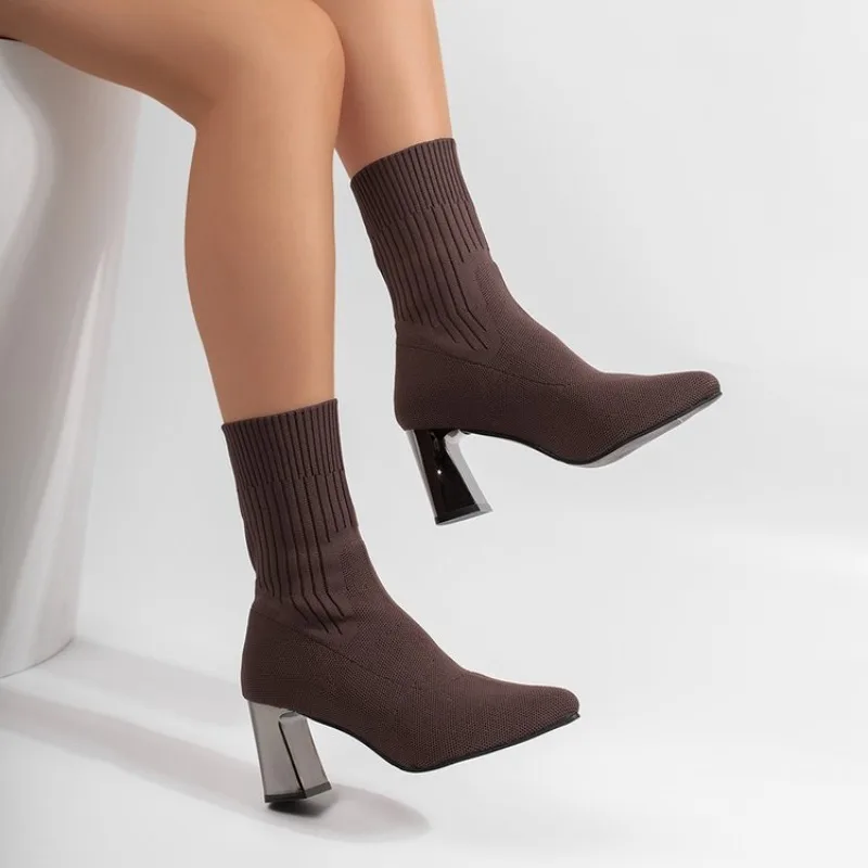 Damen 2026 Herbstmode Einfarbige Elastische Stiefel mit Spitze und Hohem Absatz, Markendesign Einfarbige Knöchelstiefel – Detail 9