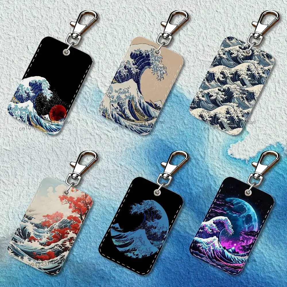 

The Great Wave Off Kanagawa Cover Rectangle Card Case Leather Card Holder Keychain Key Ring Transportation Card Case